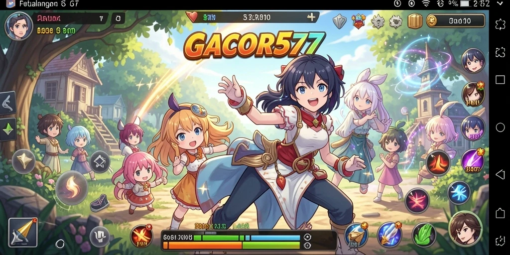 Tampilan gameplay GACOR577 yang penuh warna dan karakter ikonik.