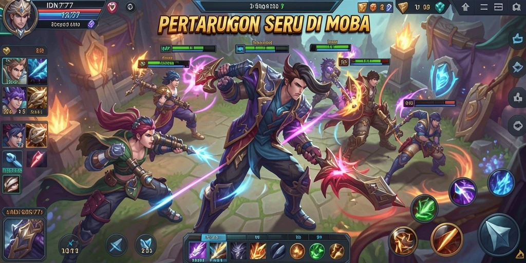 Screenshot menampilkan aksi intens di arena MOBA.